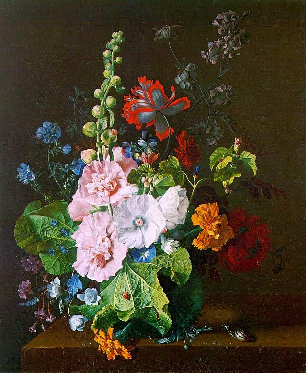 Jan van Huysum Hollyhocks and other Flowers in a Vase